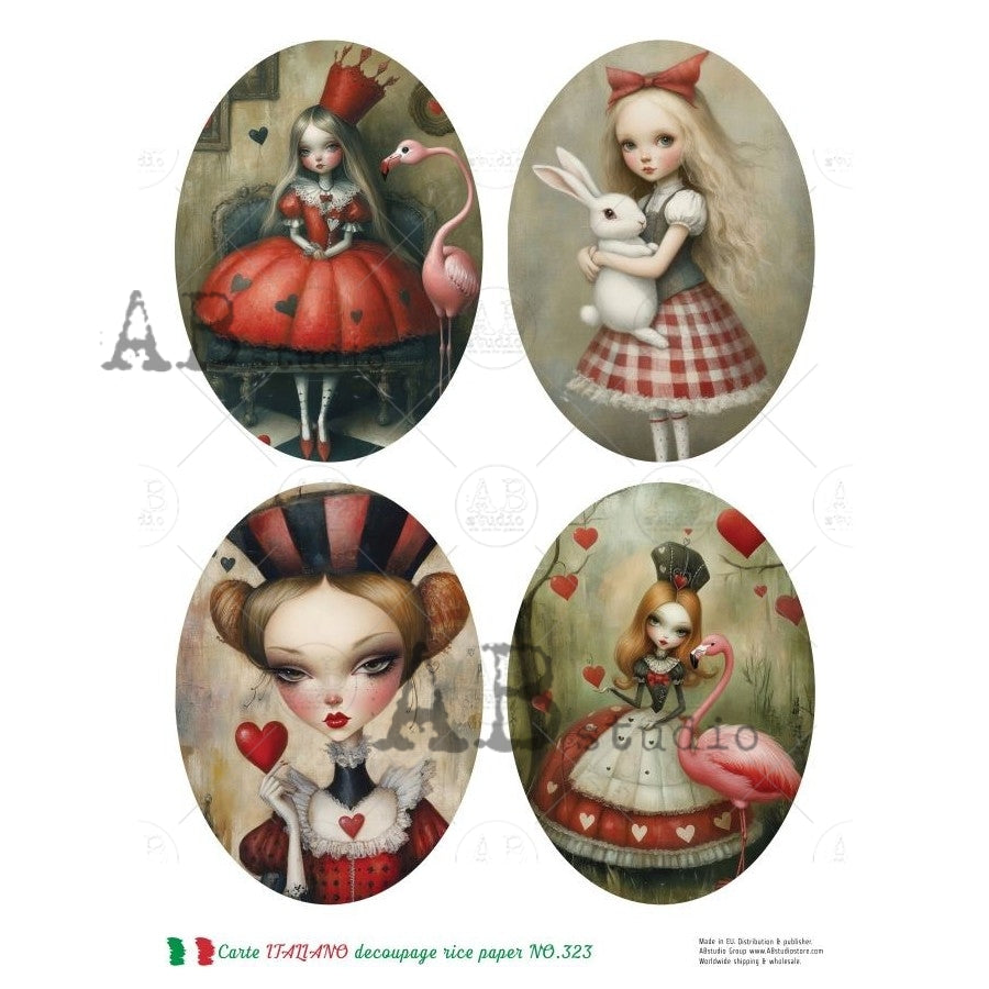 AB Studio, Carte Italiano, Rice Paper, Vintage, Queen of Hearts, Ovals, Decoupage, Mixed Media, NO323, A4 8.27 x 11.69