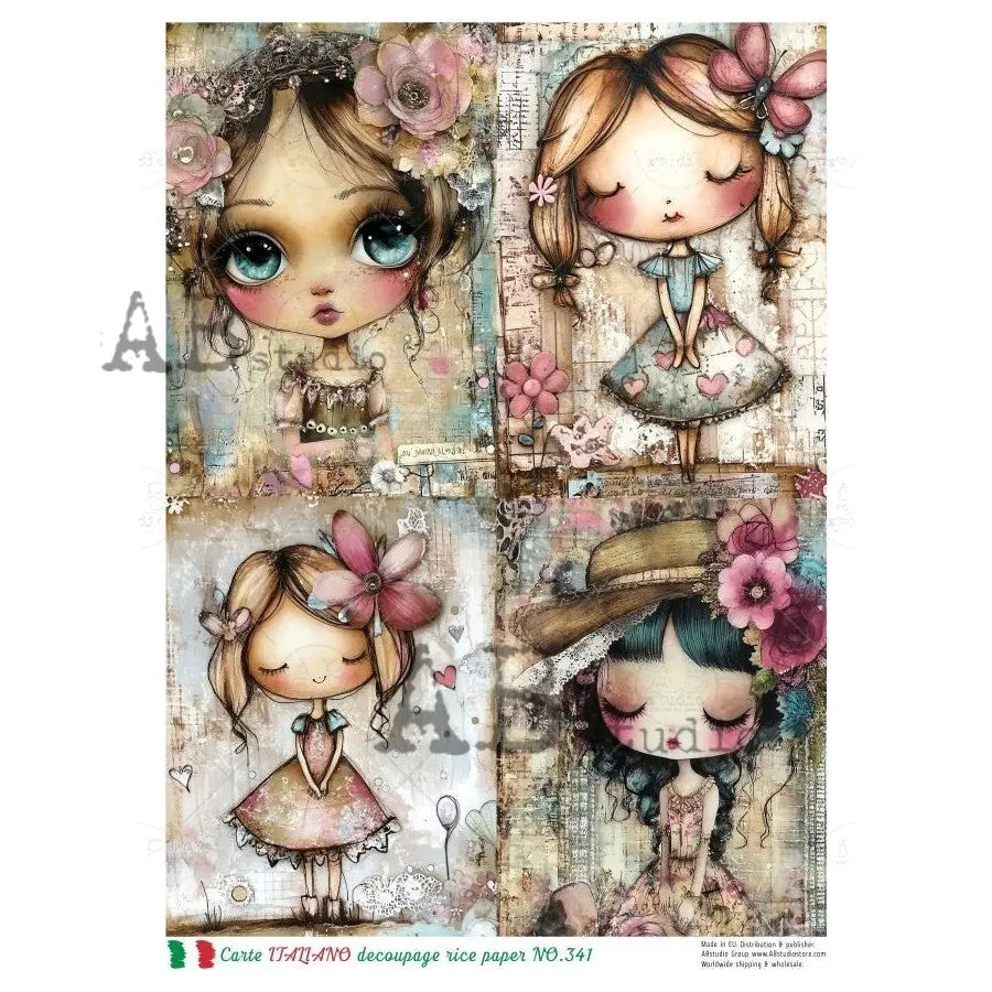 AB Studio, Carte Italiano, Rice Paper, Girl, Characters, Art, Squares, Shabby Chic, Decoupage, Mixed Media, NO-341, A4 8.27 x 11.69 AB Studio