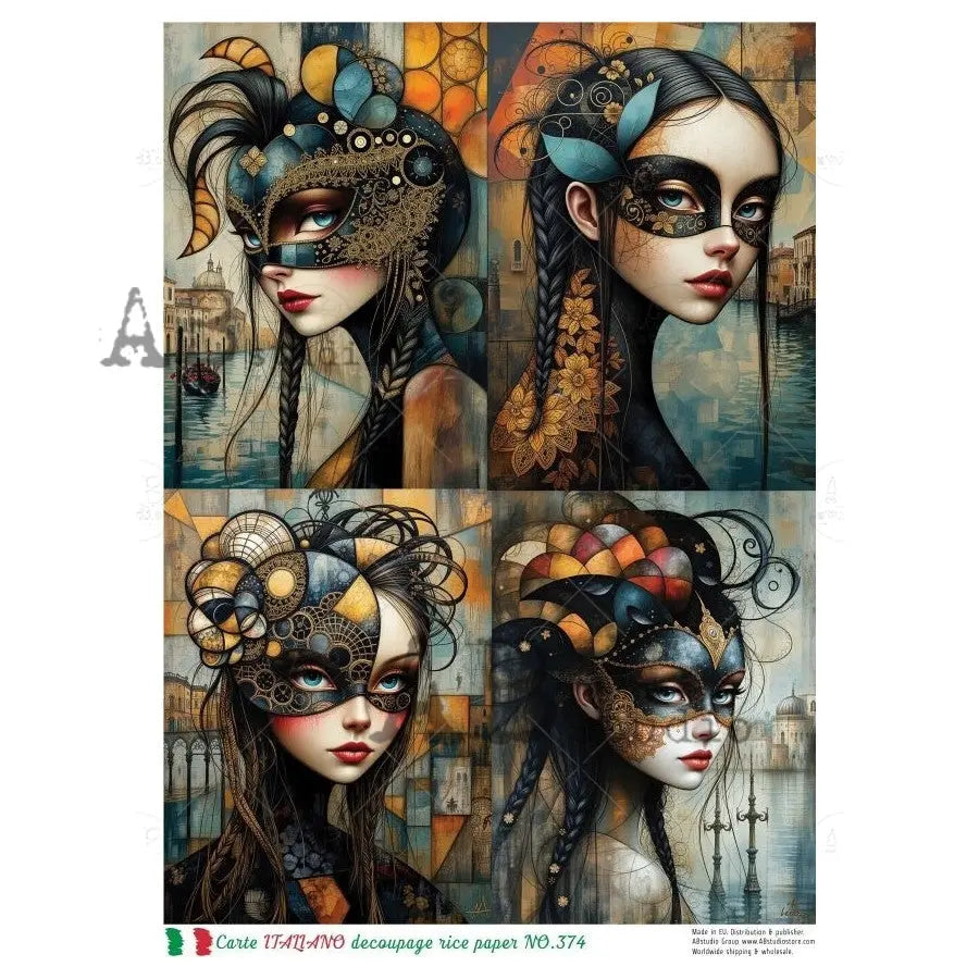 AB Studio, Rice Paper, Carte Italiano, Art Nouveau, Women Portraits, Squares, A4 8.27 x 11.69, Mixed Media, Decoupage, NO374 AB Studio