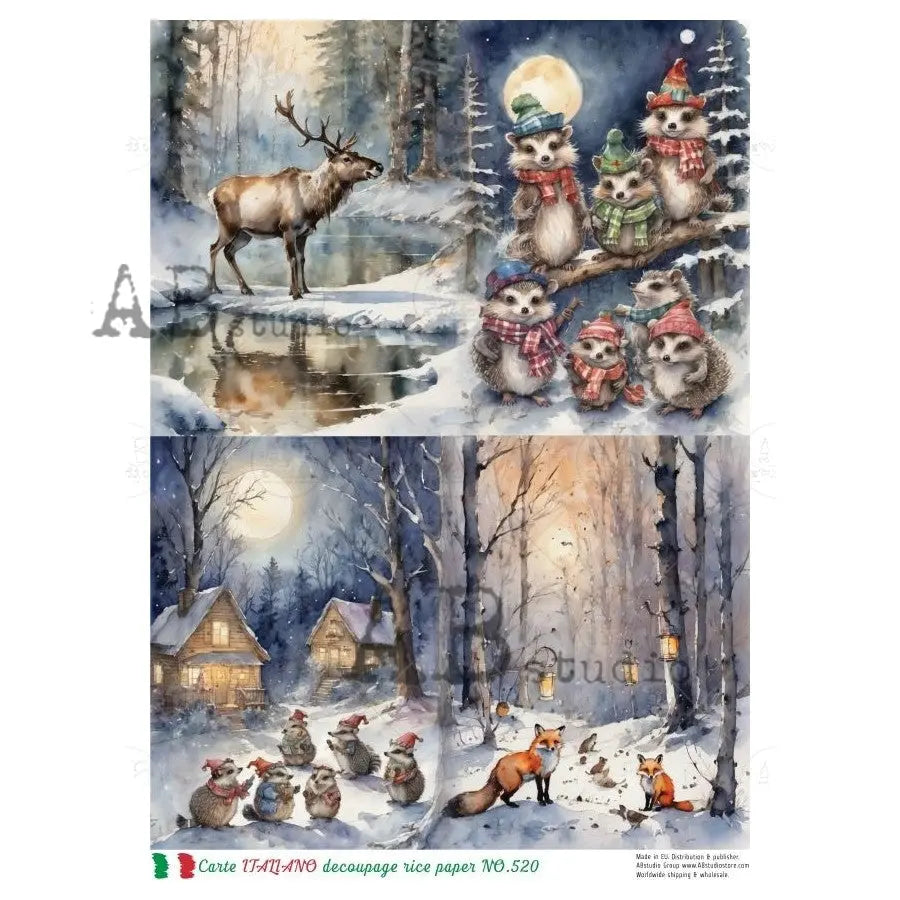 AB Studio, Rice Paper, Carte Italiano, Christmas, Winter, Animals, Forest, Snow Scenes, A4 8.27 x 11.69, Mixed Media, Decoupage, NO520 AB Studio