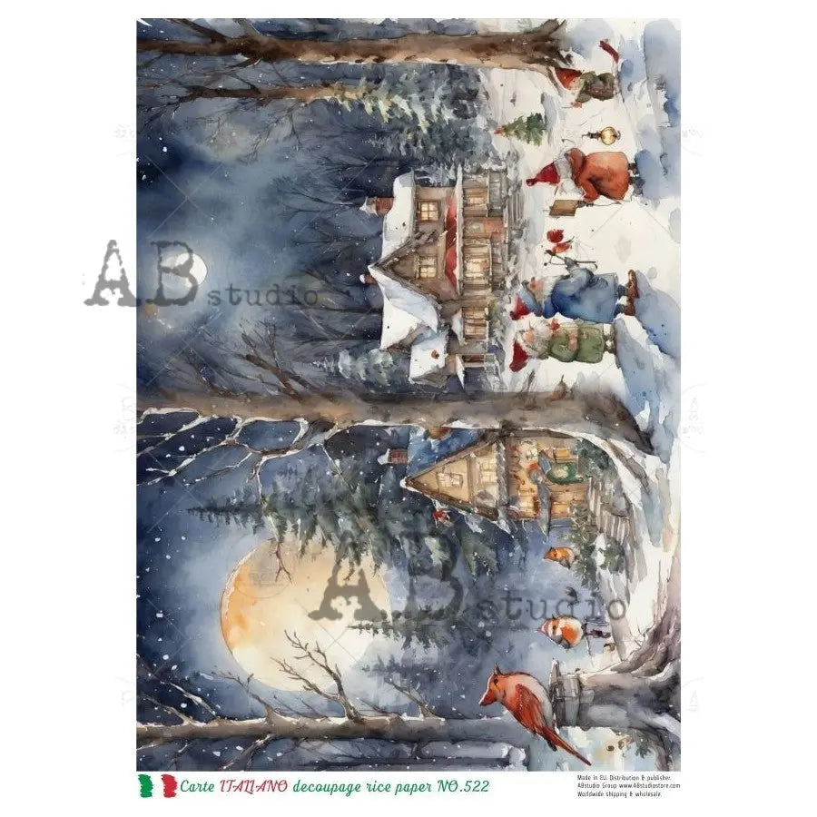 AB Studio, Rice Paper, Carte Italiano, Christmas, Winter, Animals, Forest, Snow Scenes, A4 8.27 x 11.69, Mixed Media, Decoupage, NO522 AB Studio