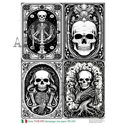 AB Studio, Rice Paper, Carte Italiano, Halloween, Gothic, Skeleton, Skulls, Black and White, A4 8.27 x 11.69, Mixed Media, Decoupage, NO556