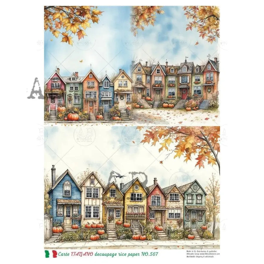 AB Studio, Rice Paper, Carte Italiano, Fall, Row Houses, Tenement House, Pumpkins, A4 8.27 x 11.69, Mixed Media, Decoupage, NO567 AB Studio