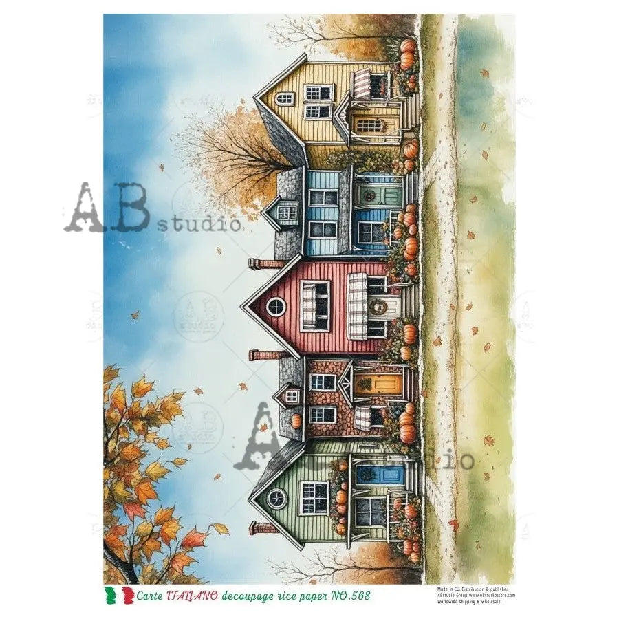 AB Studio, Rice Paper, Carte Italiano, Fall, Row Houses, Tenement House, Pumpkins, A4 8.27 x 11.69, Mixed Media, Decoupage, NO568 AB Studio