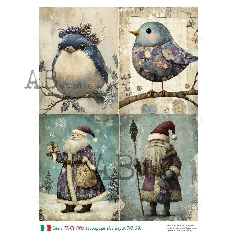 AB Studio, Rice Paper, Carte Italiano, Christmas, Santa, Cards, Birds, A4 8.27 x11.69, Mixed Media, Decoupage, NO-591 AB Studio