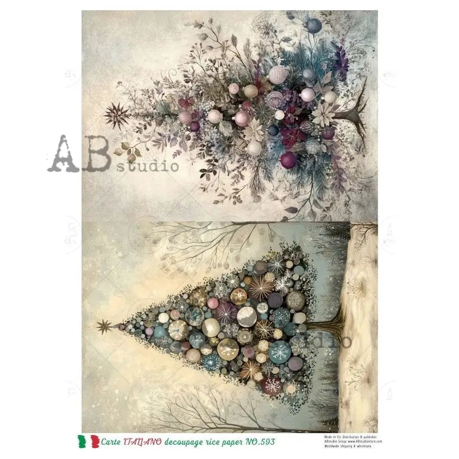 AB Studio, Rice Paper, Carte Italiano, Christmas, Trees, Blue, Cards, A4 8.27 x 11.69, Mixed Media, Decoupage, NO593 AB Studio
