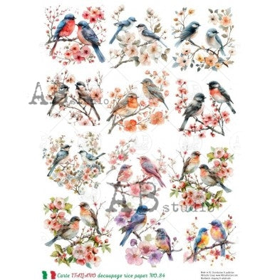 AB Studio, Carte Italiano, Rice Paper, Flowers, Birds, Spring, Cards, Shabby Chic, Decoupage, Mixed Media, NO-84, A4 8.27 x 11.69