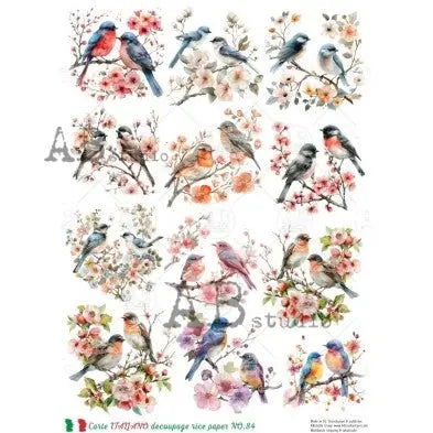 AB Studio, Carte Italiano, Rice Paper, Flowers, Birds, Spring, Cards, Shabby Chic, Decoupage, Mixed Media, NO-84, A4 8.27 x 11.69 AB Studio
