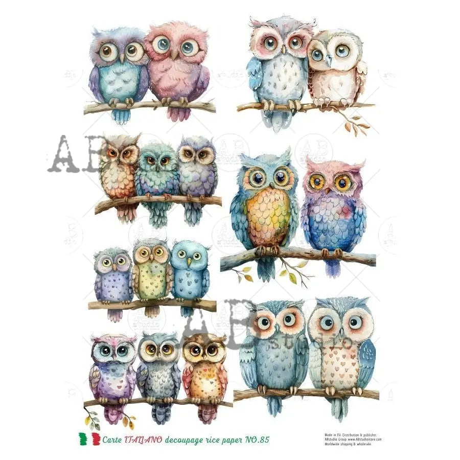 AB Studio, Carte Italiano, Rice Paper, Owls, Spring, Pink, Blue, Shabby Chic, Decoupage, Mixed Media, NO-85, A4 8.27 x 11.69 AB Studio