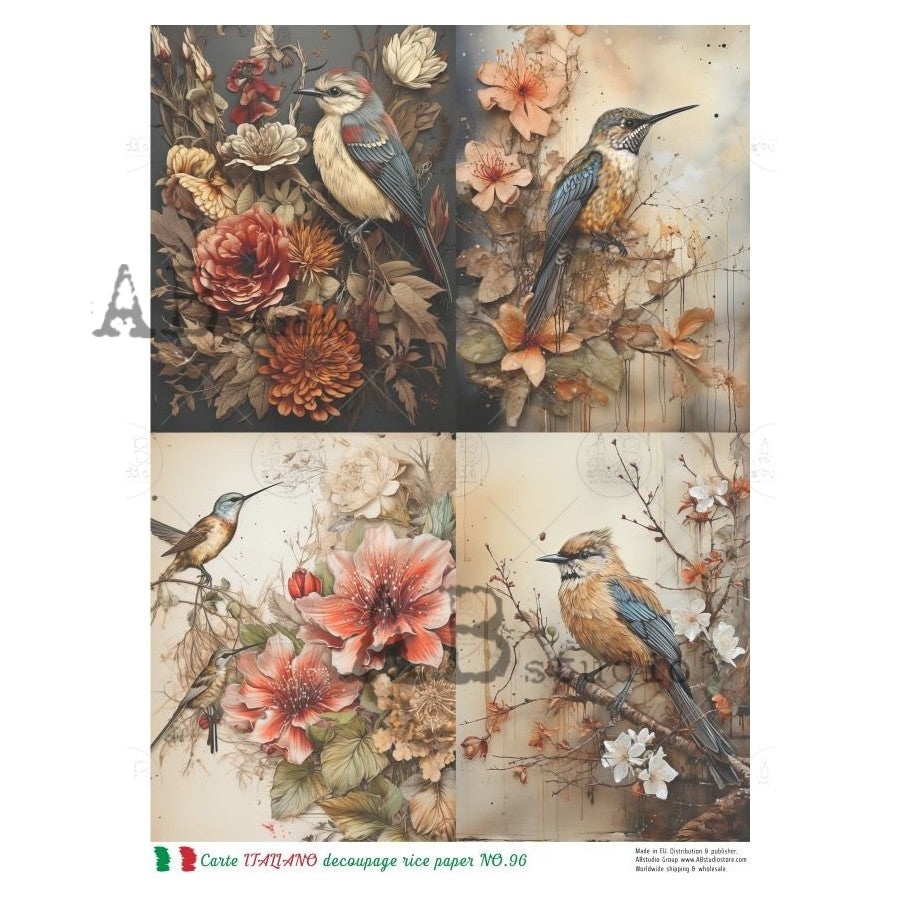 AB Studio, Carte Italiano, Rice Paper, Flowers, Birds, Spring, Cards, Shabby Chic, Decoupage, Mixed Media, NO-96, A4 8.27 x 11.69