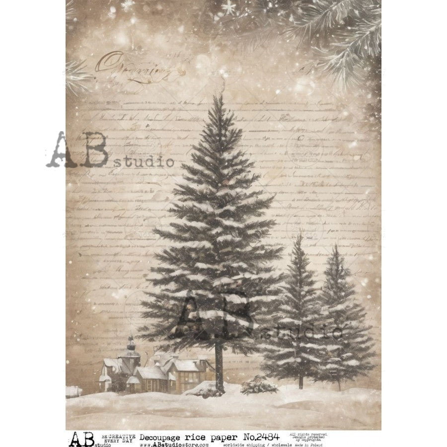 AB Studio, Rice Paper, Christmas, Winter, Snow, Tree, Forest, Background, A4 8.27 x11.69, Mixed Media, Decoupage, ID-2494