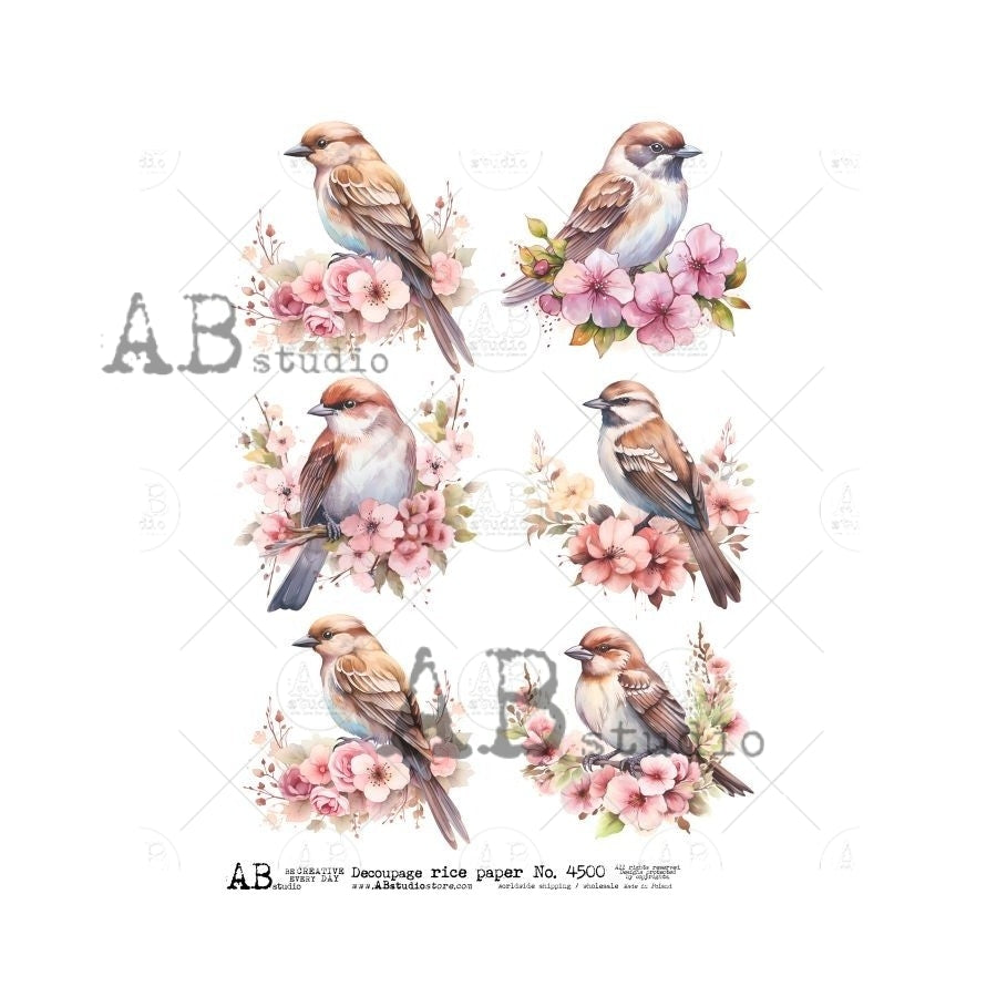 AB Studio, Rice Paper, Pink Flowers, Birds, Floral, Squares, ID-4500, A4, 8.27 X 11.69, Decoupage, Mixed Media, Crafts