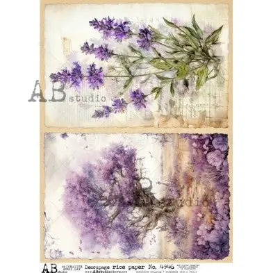 AB Studio, Rice Paper, Lavender, Purple, Flowers, Tree, Decoupage, Mixed Media, ID-4946, A4, 8.27 X 11.69 AB Studio