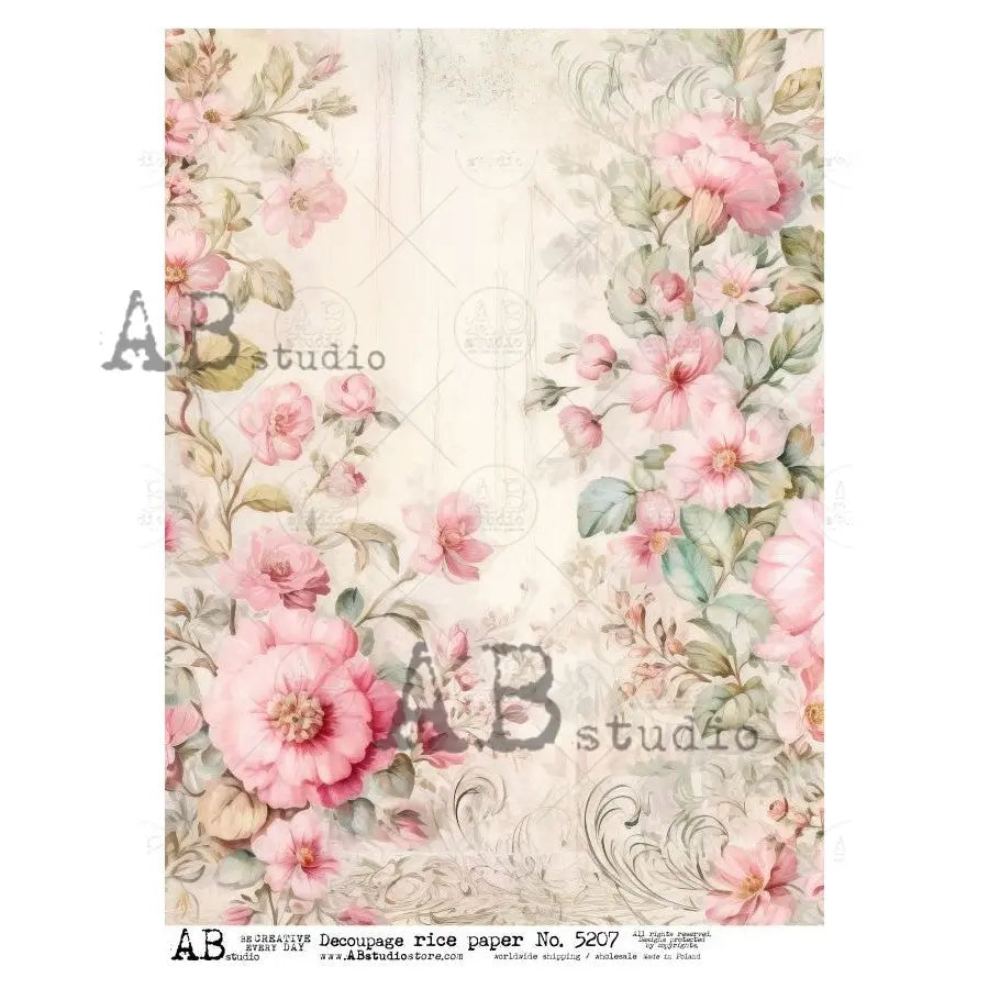AB Studio, Rice Paper, Roses, Flowers, Vintage Style, Shabby Chic, Wallpaper, Background, A4 8.27 x 11.69, Mixed Media, Decoupage, ID-5207 AB Studio