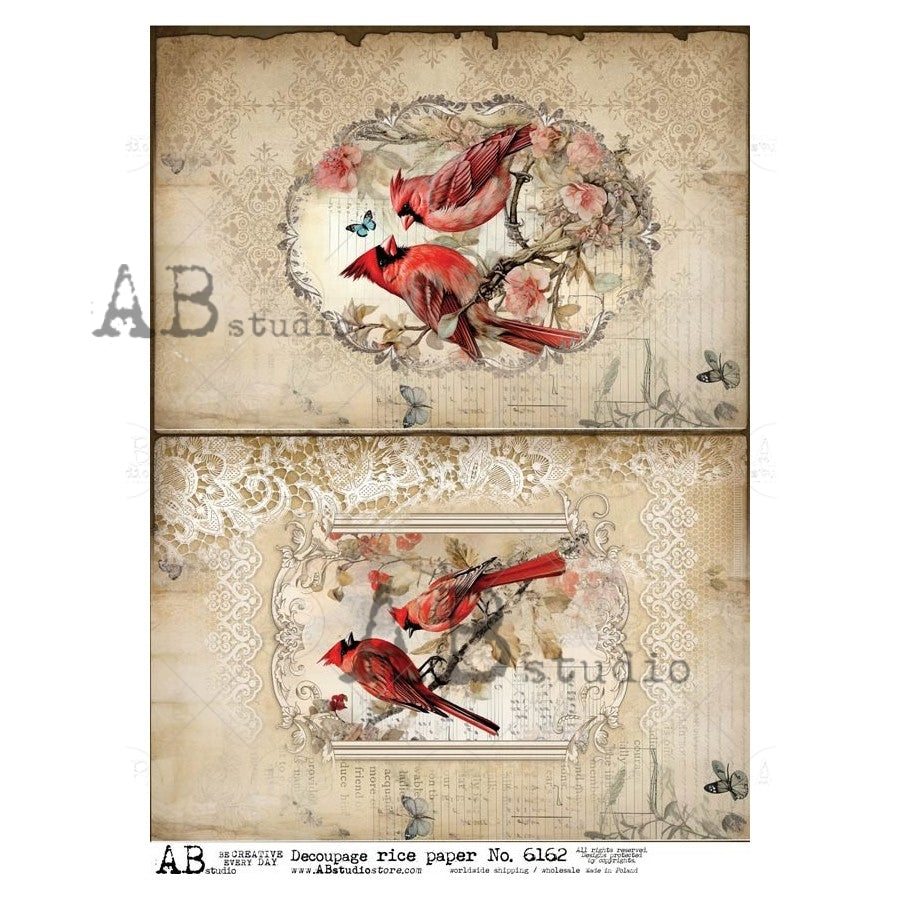 AB Studio, Rice Paper, Decoupage, Christmas, Cardinals, Birds, Ornament, Rounds, 6187, A4 - 8.27 X 11.69 in