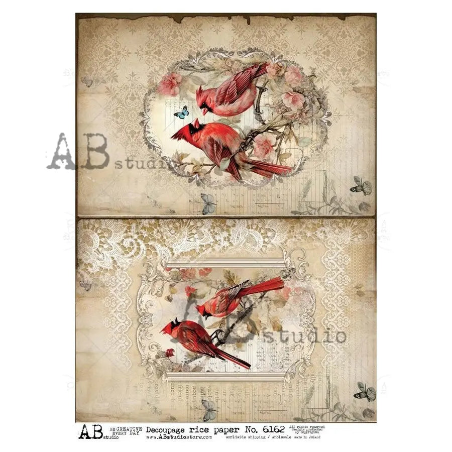 AB Studio, Rice Paper, Decoupage, Christmas, Cardinals, Birds, Ornament, Rounds, 6187, A4 - 8.27 X 11.69 in AB Studio