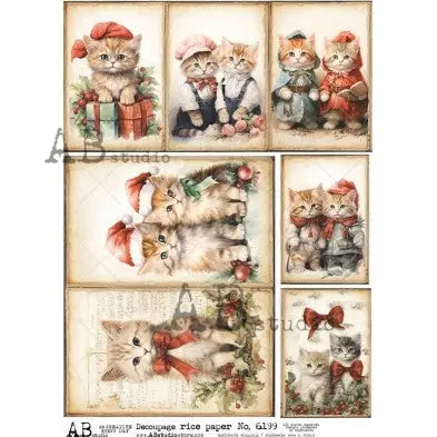 AB Studio, Rice Paper, Christmas, Kittens, Tags, Squares, 6199, A4, 8.27 X 11.69, Decoupage, Mixed Media, Crafts AB Studio