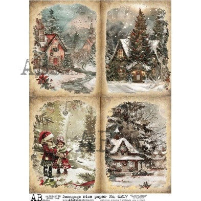 AB Studio, Rice Paper, Christmas, Scenes, Landscapes, Squares, Cards, 6207, A4, 8.27 X 11.69, Decoupage, Mixed Media, Crafts, Cards