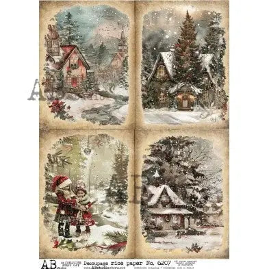 AB Studio, Rice Paper, Christmas, Scenes, Landscapes, Squares, Cards, 6207, A4, 8.27 X 11.69, Decoupage, Mixed Media, Crafts, Cards AB Studio