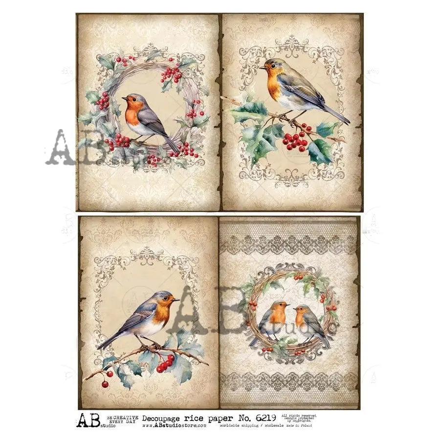 AB Studio, Rice Paper, Birds, Framed, Wreaths, Squares, Vintage Style, Christmas, Vintage Style, ID-6219, A4 8.27 X 11.69, Decoupage AB Studio