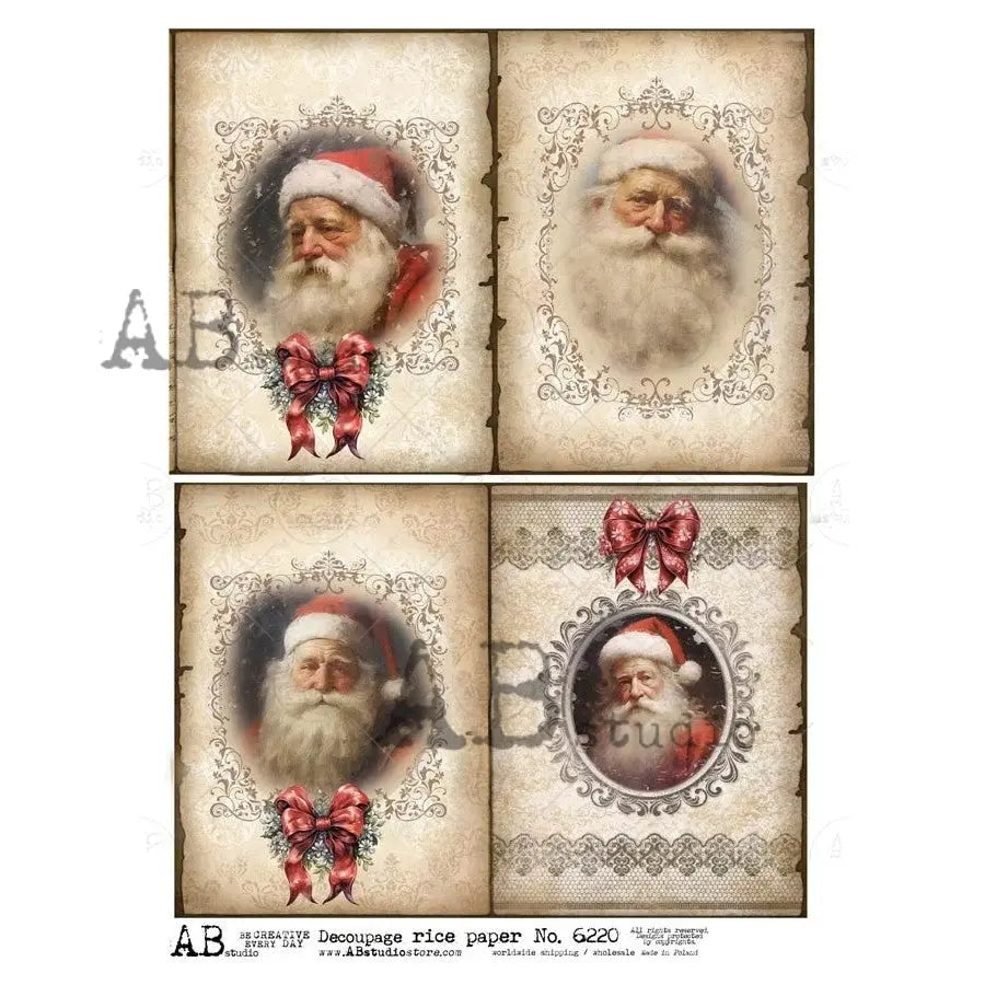 AB Studio, Rice Paper, Santa, Framed Santa Portraits, Squares, Vintage Style, Christmas, Vintage Style, ID-6220, A4 8.27 X 11.69, Decoupage AB Studio