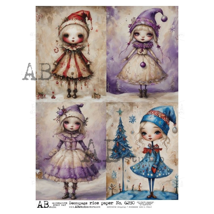 AB Studio, Rice Paper, Christmas, Girl Elves, Characters, Squares, ID-6280, A4, 8.2 X 11.7, Decoupage, Mixed Media, Crafts