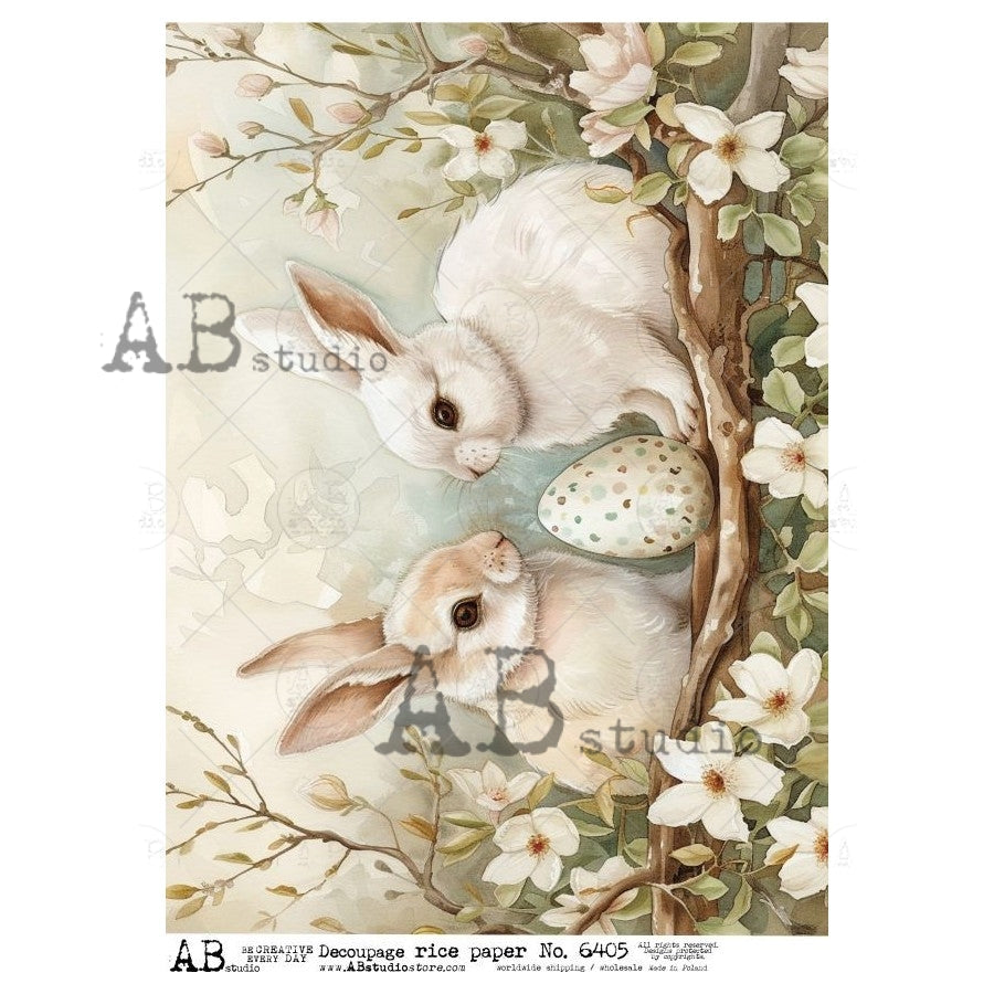 AB Studio, Rice Paper, Spring, Easter, Bunnies, Rabbits, Daisies, Egg, ID-6405, A4 - 8.27 X 11.69, Decoupage, Mixed Media, Crafts