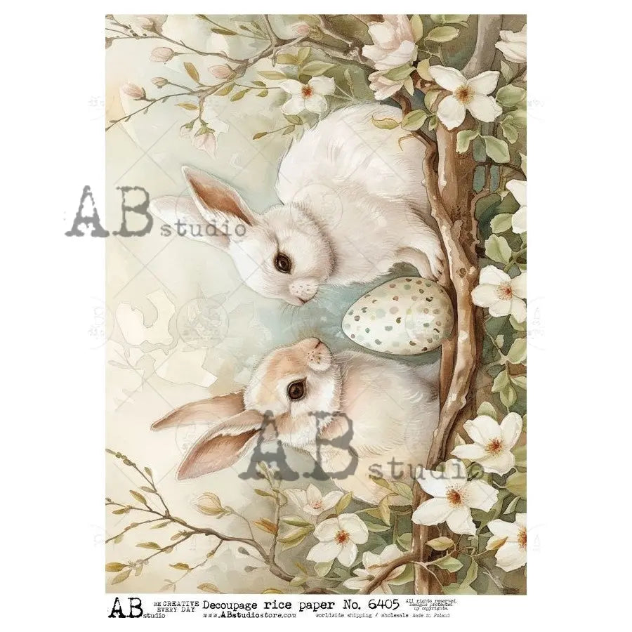 AB Studio, Rice Paper, Spring, Easter, Bunnies, Rabbits, Daisies, Egg, ID-6405, A4 - 8.27 X 11.69, Decoupage, Mixed Media, Crafts AB Studio