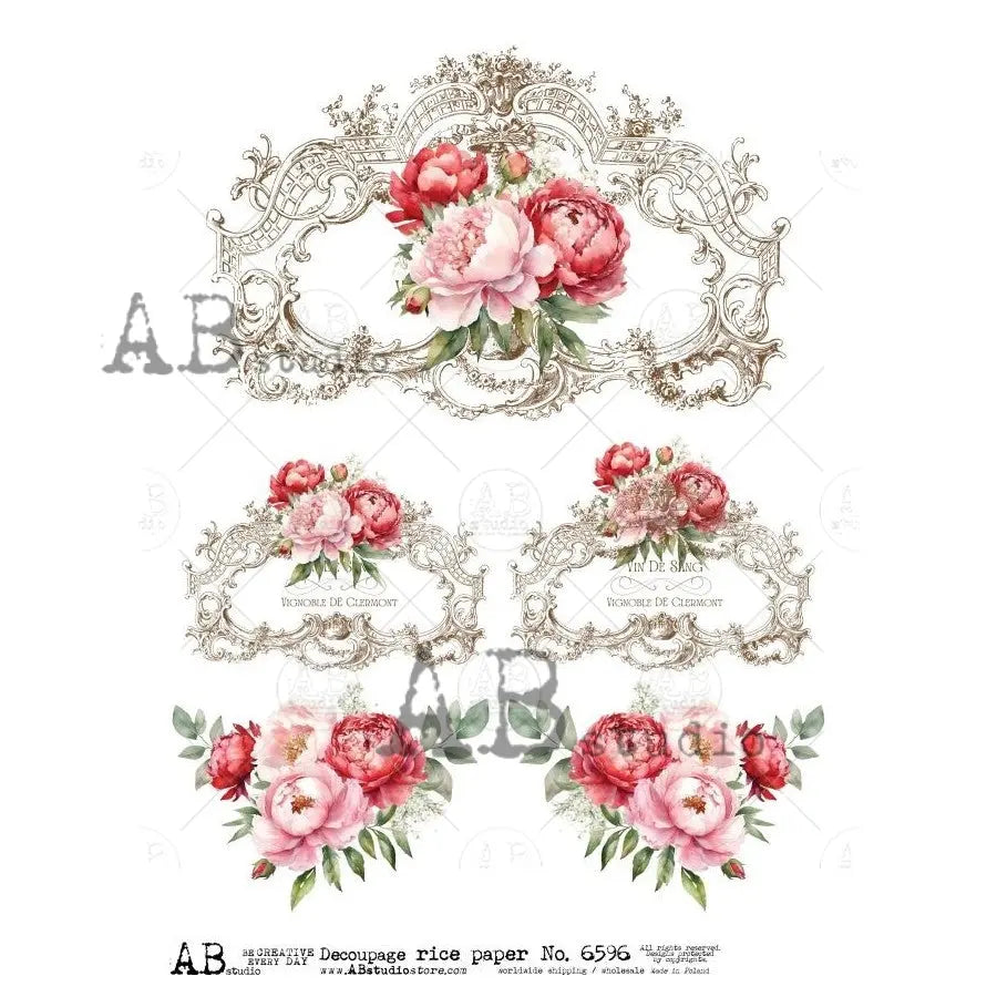 AB Studio, Rice Paper, Pink Flowers, Accents, Victorian Style, Roses, Trims, ID-6596, A4, 8.27 X 11.69, Decoupage, Mixed Media, Crafts AB Studio