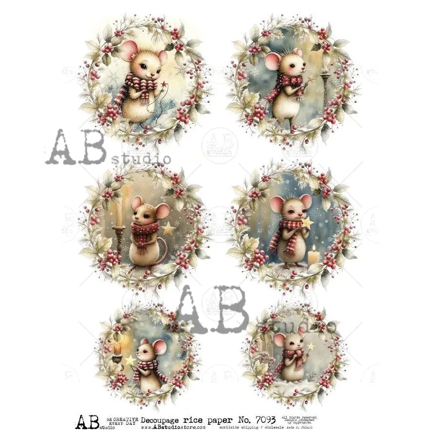 AB Studio, Rice Paper, Christmas, Ornament, Rounds, Mice, Wreaths, Mouse, 7093, A4, 8.27 X 11.69, Decoupage, Mixed Media, Crafts AB Studio