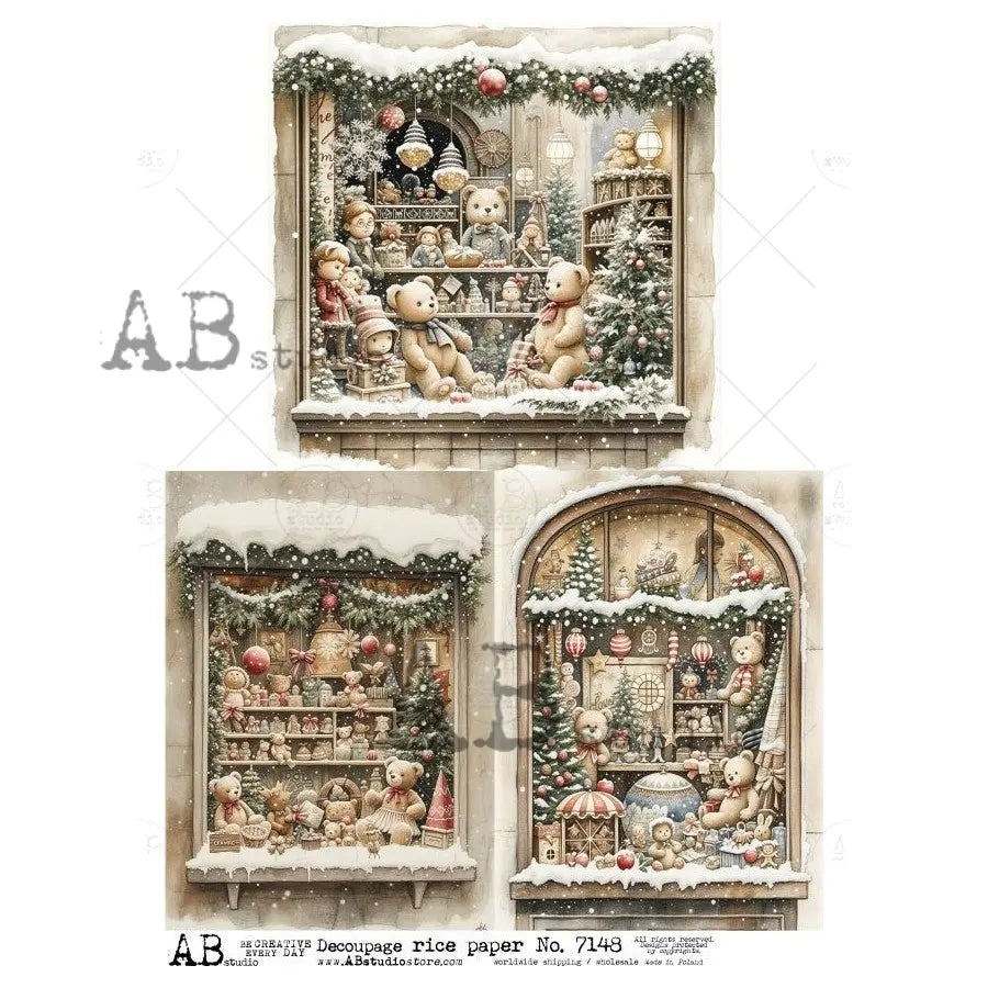 AB Studio, Rice Paper, Christmas, Toy Store Window Display, Squares, Toys, Bears, ID-7148, A4, 8.27 X 11.69, Decoupage, Mixed Media, Crafts AB Studio