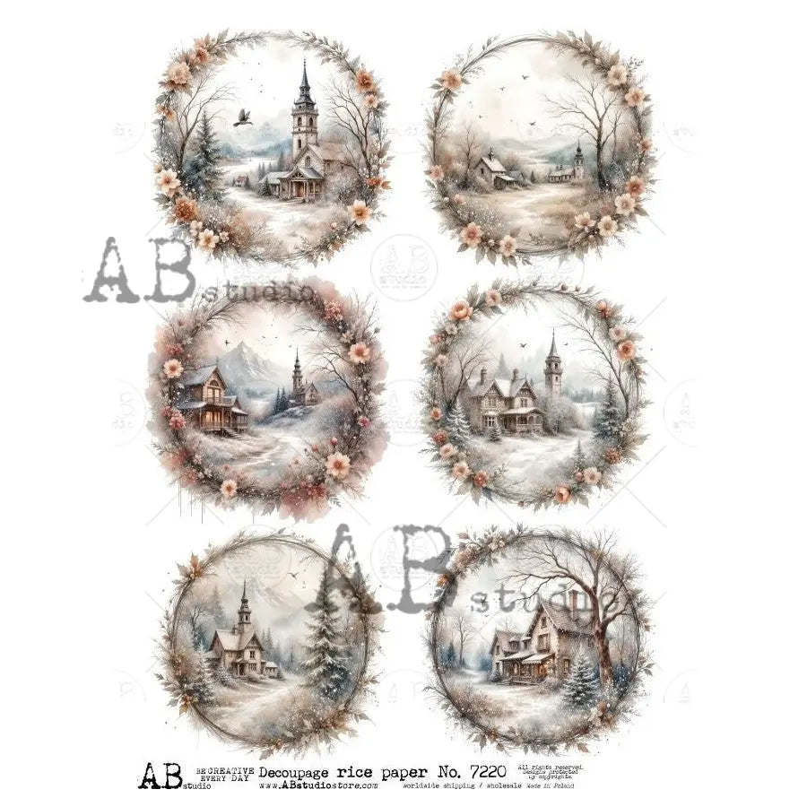 AB Studio, Rice Paper, Christmas, Ornament, Rounds, Snow, Landscape, Churches, 7220, A4, 8.27 X 11.69, Decoupage, Mixed Media, Crafts AB Studio