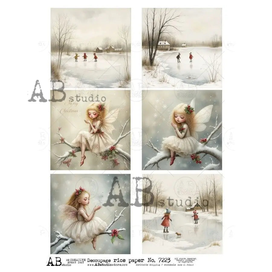 AB Studio, Rice Paper, Winter, Fairy, Snow, Ice Skating, Squares, Fantasy, ID-7223, A4, 8.27 X 11.69, Decoupage, Mixed Media, Crafts AB Studio