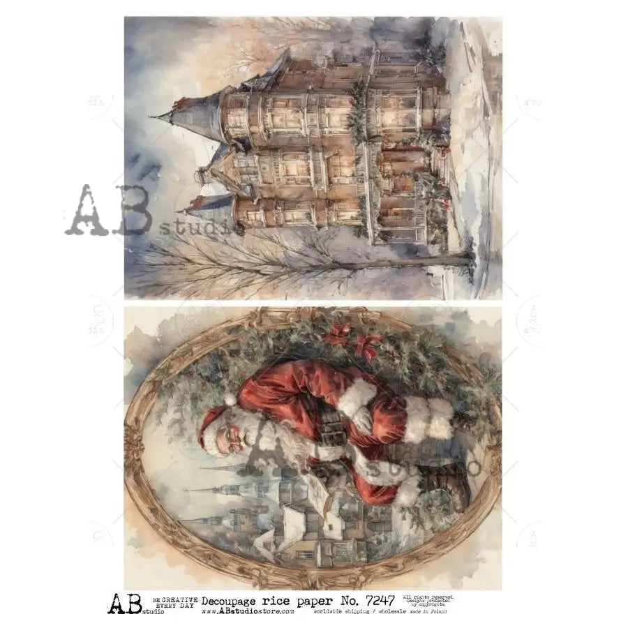 AB Studio, Rice Paper, Christmas, Winter, Framed Santa, Victorian House, Vintage Style, Squares, 7247 A4 8.2 X 11.6, Decoupage, Mixed Media AB Studio