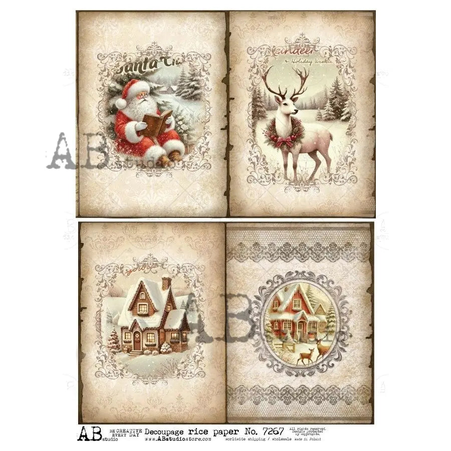 AB Studio, Rice Paper, Christmas, Santa, Reindeer, Gingerbread House, Vintage Style, Squares, 7267 A4, 8.27 X 11.69, Decoupage, Mixed Media AB Studio