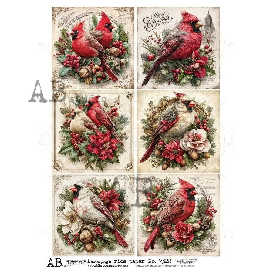AB Studio, Rice Paper, Christmas, Cardinals, Flowers, Squares, Tags, 7328, A4, 8.27 X 11.69, Decoupage, Mixed Media AB Studio