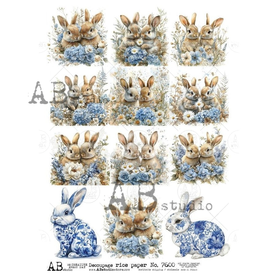 AB Studio Rice Paper for Decoupage, Easter, Blue and White, Rabbits, Bunnies, Squares, Mixed Media, ID-7600, A4 8.27 x 11.69