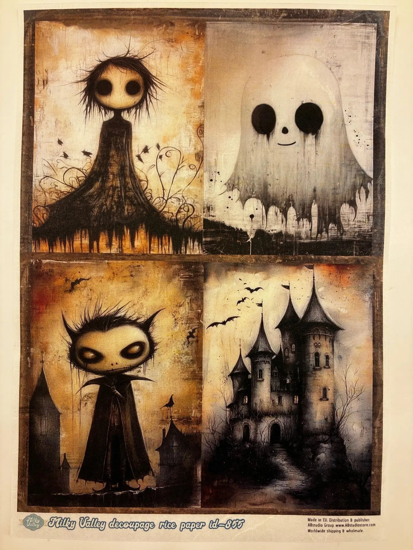 AB Studio, Rice Paper, Milky Valley, Halloween, Haunted House, Skull Girl, Ghost, Squares, A4 8.27 x 11.69, Mixed Media, Decoupage, ID-855 AB Studio