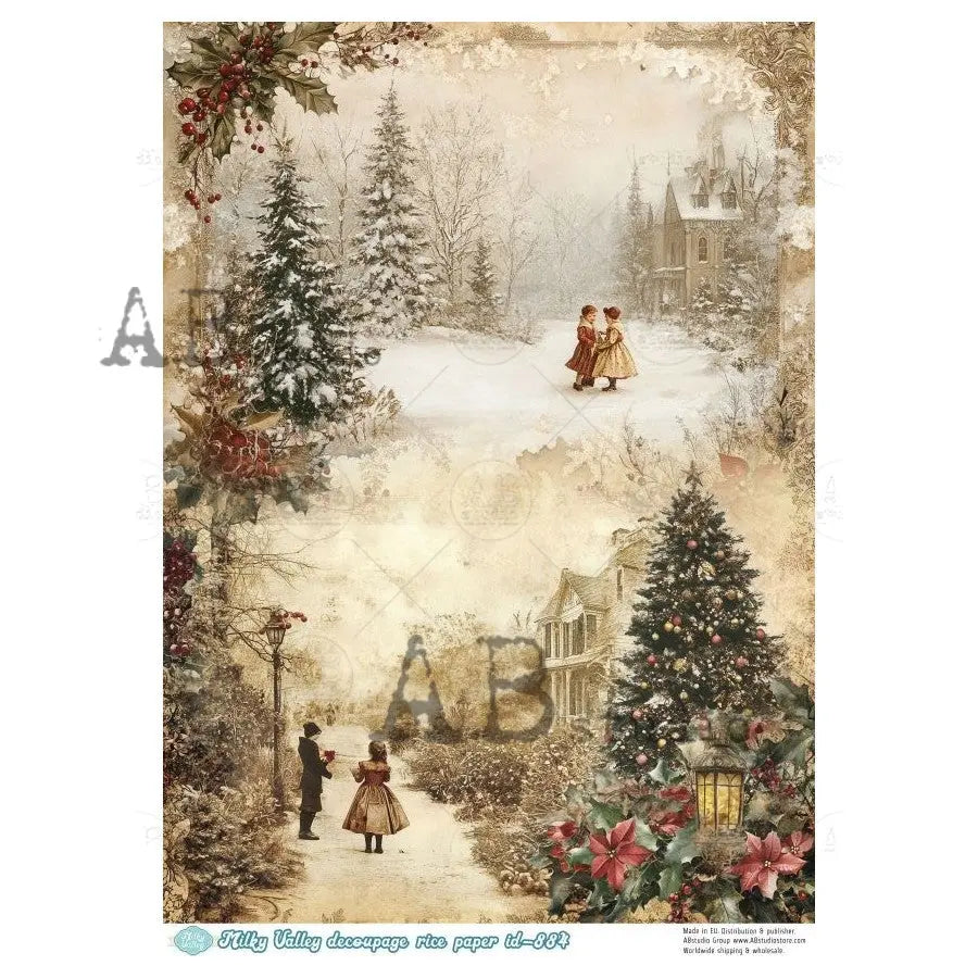 AB Studio, Rice Paper, Christmas, Winter, Snow, Tree, Vintage Style, A4 8.27 x11.69, Mixed Media, Decoupage, ID-884 AB Studio