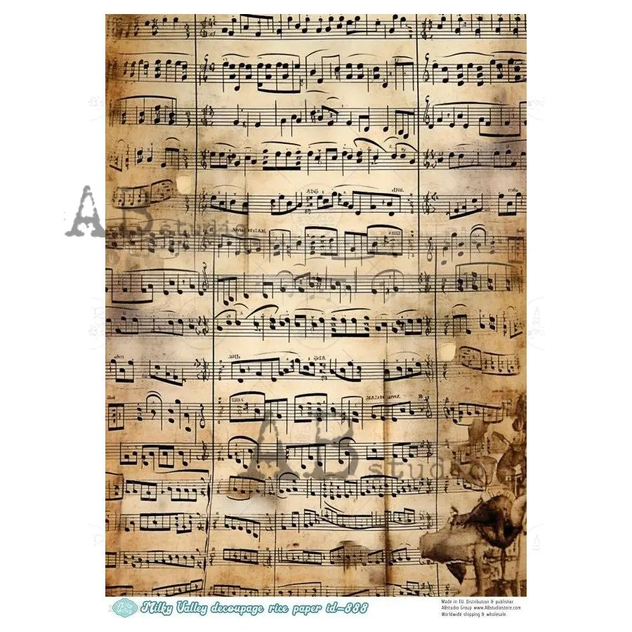 AB Studio, Milky Valley, Rice Paper, Antique, Music Sheet, Notes, Wallpaper, Decoupage, Mixed Media, Crafts, ID-888, A4 8.27 x 11.69 AB Studio