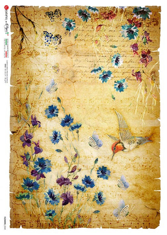 Paper Designs, Flowers, Hummingbird, 0343, Size: A4 - 8.3" X 11.7" Rice Paper for Decoupage