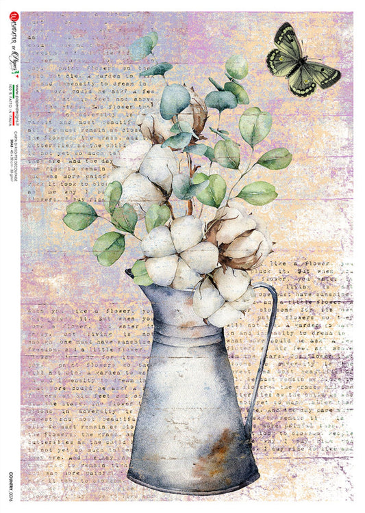Paper Designs White Flowers in a Vase Country 0076-A4  Size: A4 - 8.3" X 11.7" Rice Paper for Decoupage