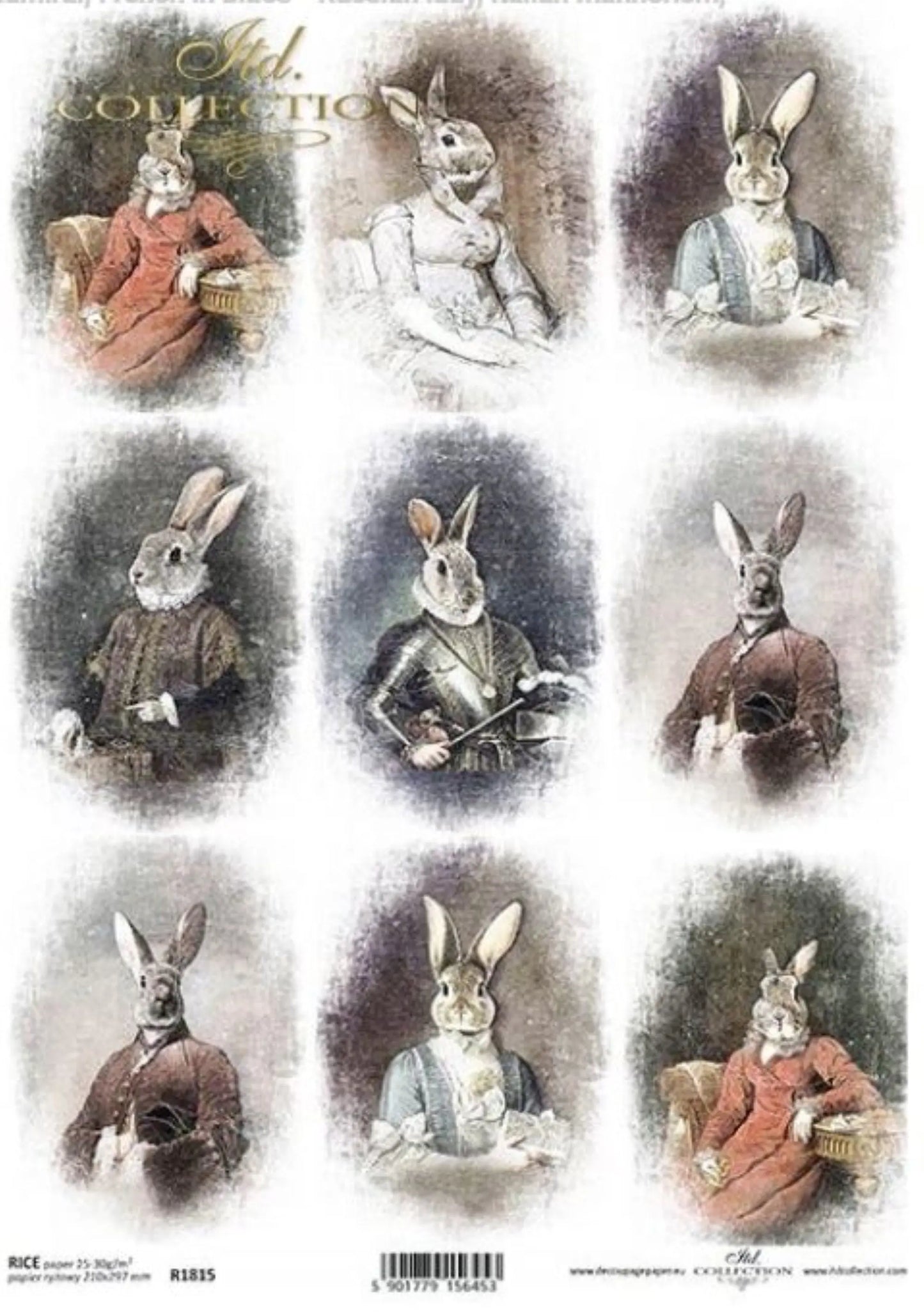 ITD Collection Bunny Portraits III R1815 Rice Paper for Decoupage, Rabbits in historical costumes, A4 ITD Collection