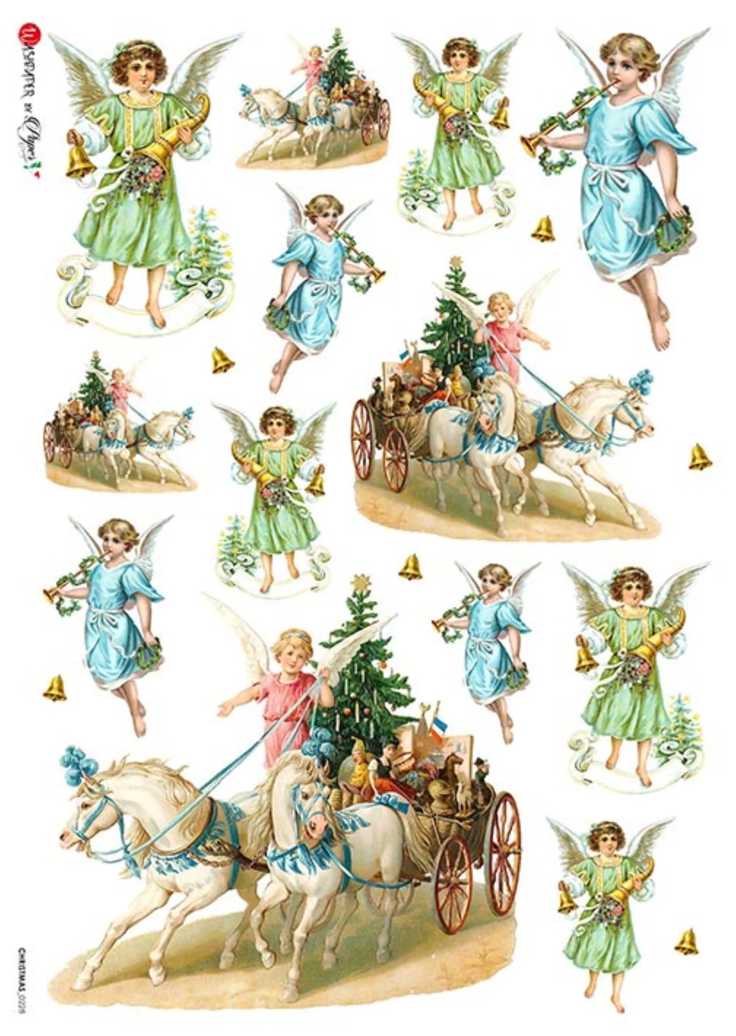 Paper Designs, Christmas, Angels, 0228, Chariot, Size: A4 - 8.3" X 11.7" Rice Paper for Decoupage Paper Designs