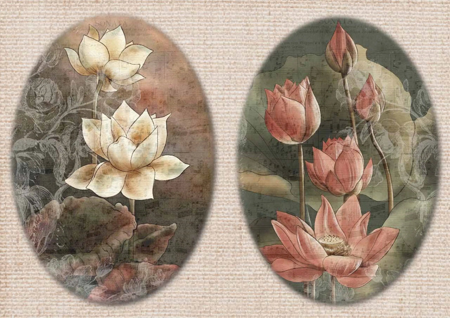 Decoupage Queen, Dainty, Queen, Lotus, Flowers, Asian Design, 0218 A, 8.3" X 11.7" Rice Paper, Decoupage, Mixed Media Decoupage Queen