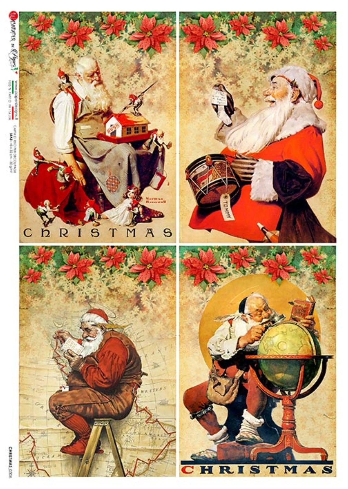 Paper Designs, Christmas, Vintage Style, Norman Rockwell, Santa Claus, Squares, 0306 A4 - 8.3" X 11.7" Rice Paper for Decoupage Paper Designs