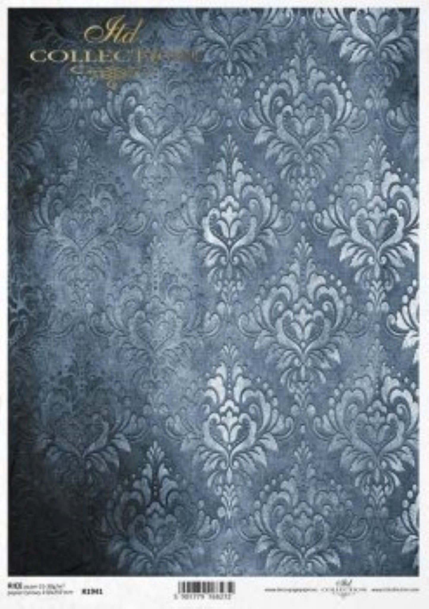 ITD Collection Dark to Light Washed Navy and Silver Damask Pattern R1941 Rice Paper for Decoupage A4 11.7 x 8.3 inches