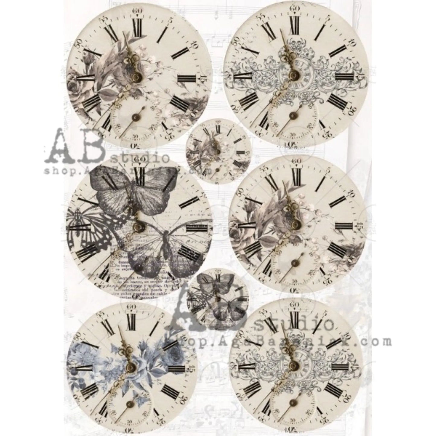 AB Studio Clocks Flowers Design #0193 Size: A4 - 8.27 X 11.69 inches Rice Paper for Decoupage Imported from Poland AB Studio