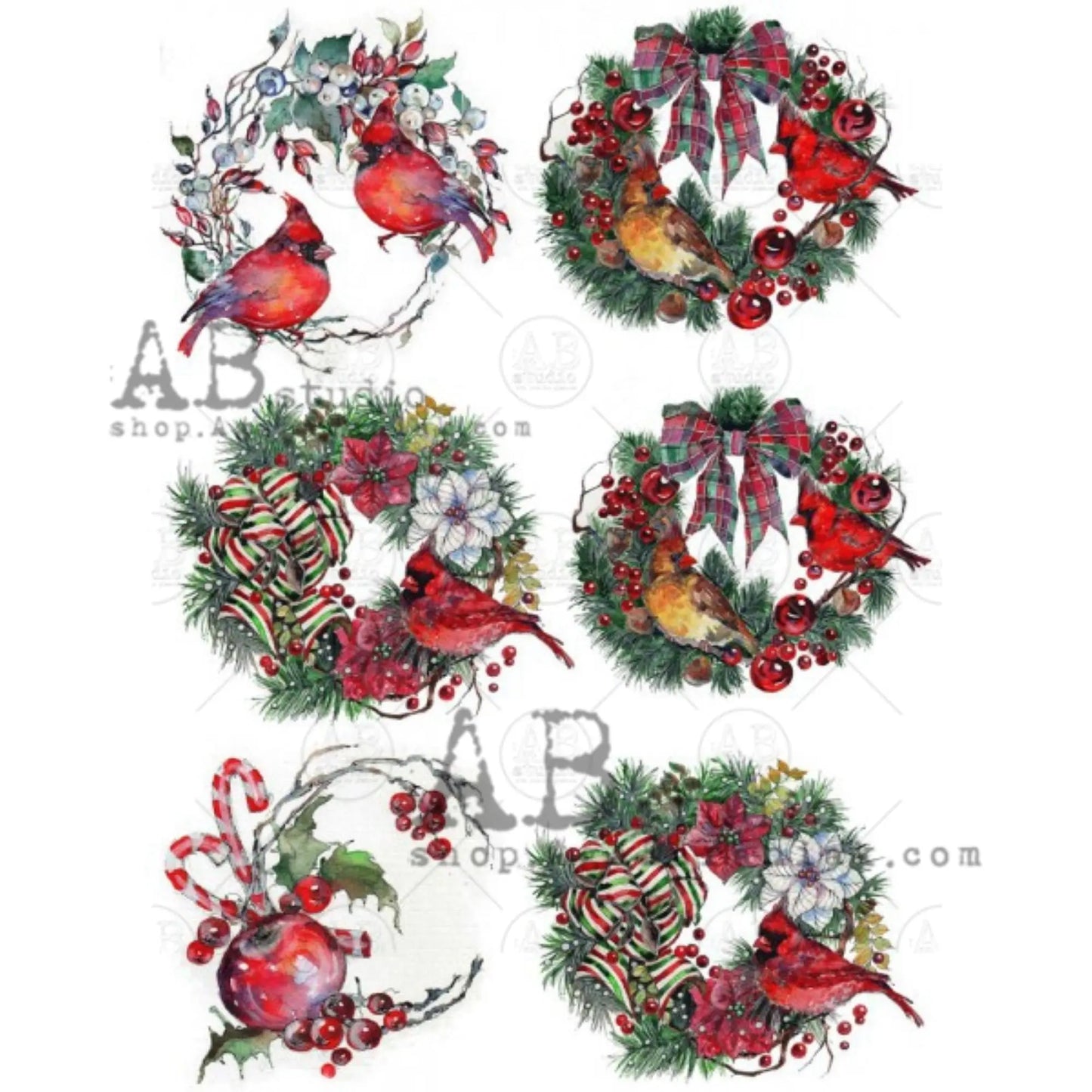 AB Studio, Christmas, Cardinal, Wreaths, Ornaments, Rounds, Holiday, 0223 A4 8.27 X 11.69 Rice Paper, Decoupage, Imported from Poland AB Studio