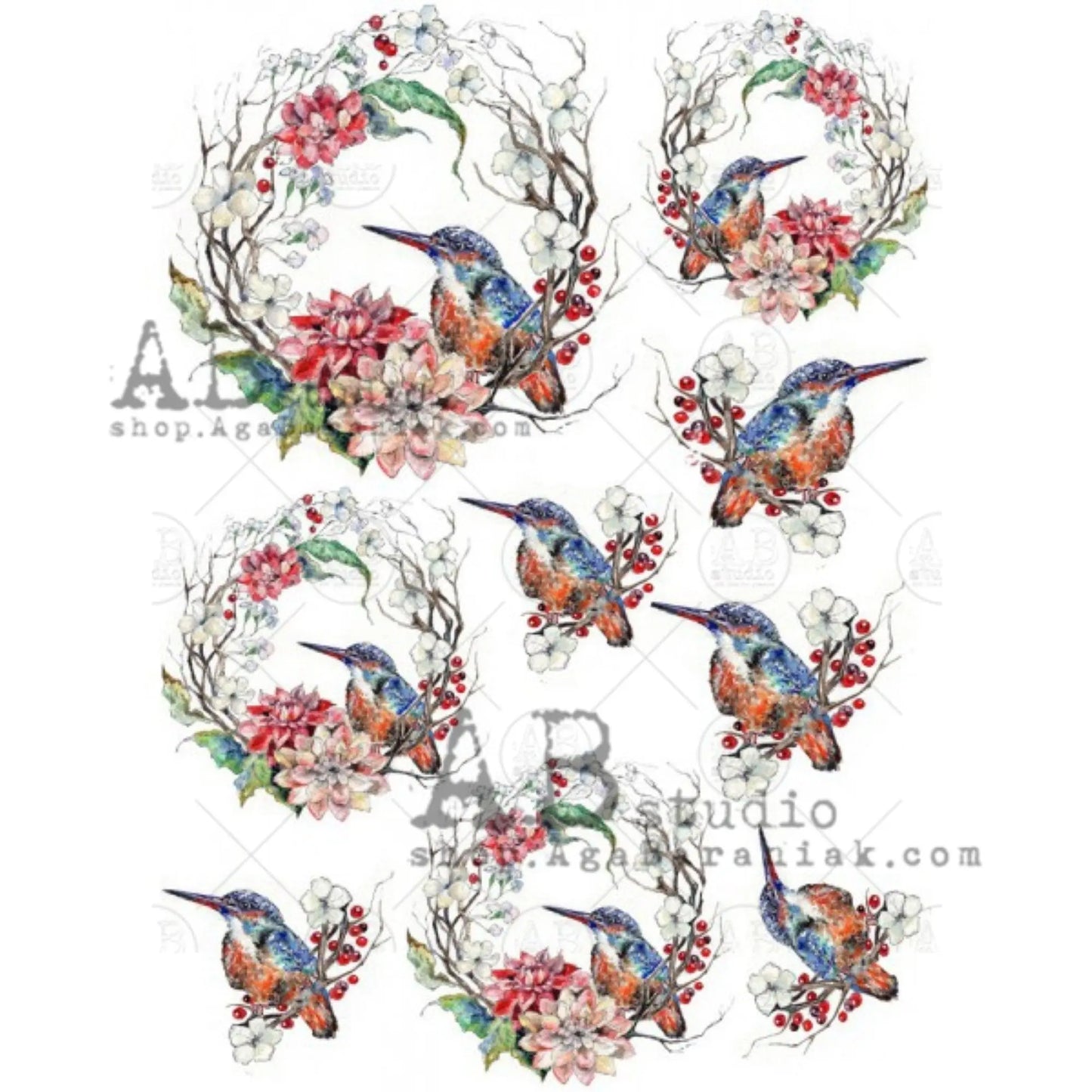 AB Studio Blue Bird Flower Twig Wreath Rounds 0234 Size: A4 - 8.27 X 11.69 inches Rice Paper for Decoupage Imported from Poland AB Studio